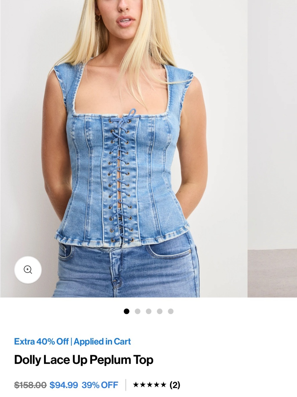 Good American Indigo Dolly Lace Up Peplum Top NWT